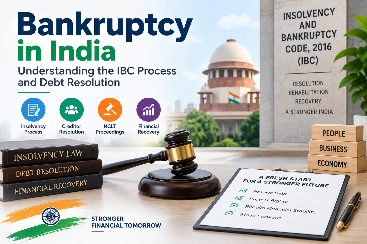 Bankruptcy process in India showing IBC, debt resolution and financial recovery